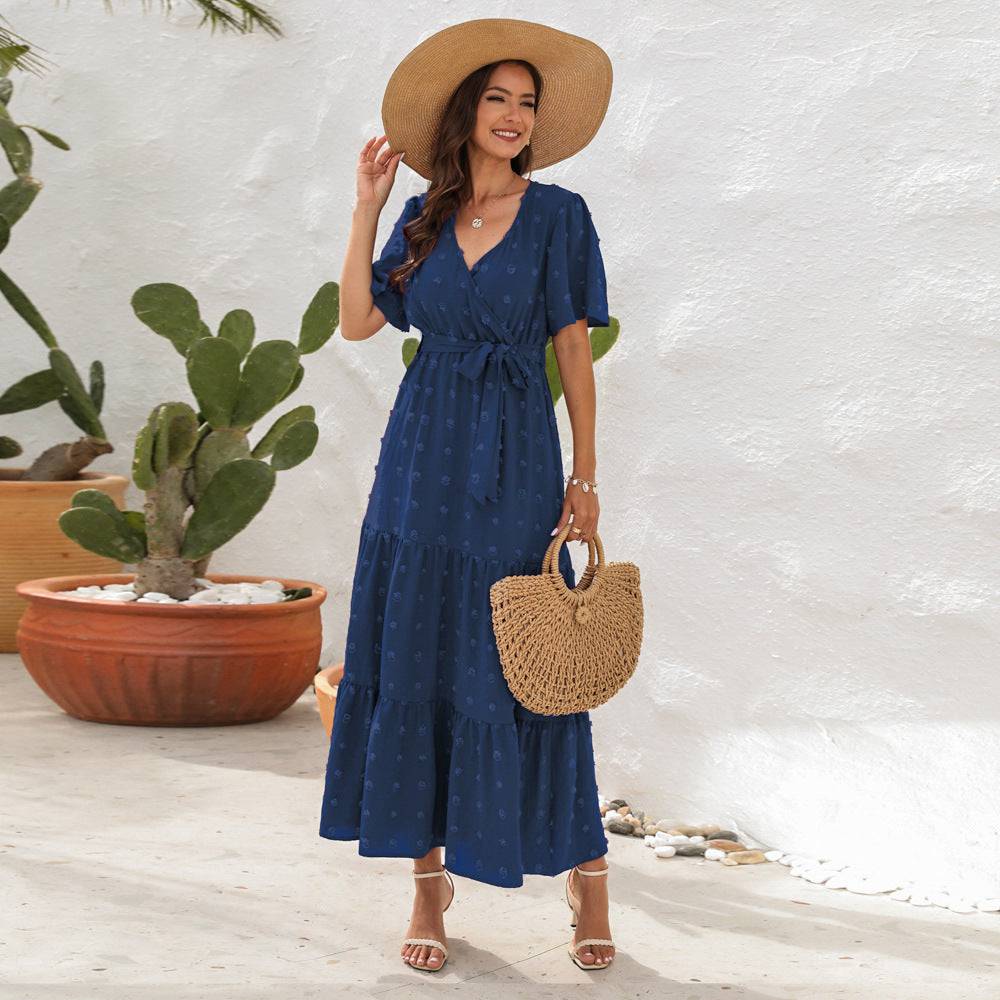 V-Neck Maxi Dress with Belted Waist and Butterfly Sleeves - Perfect for Summer Vacation S Blue