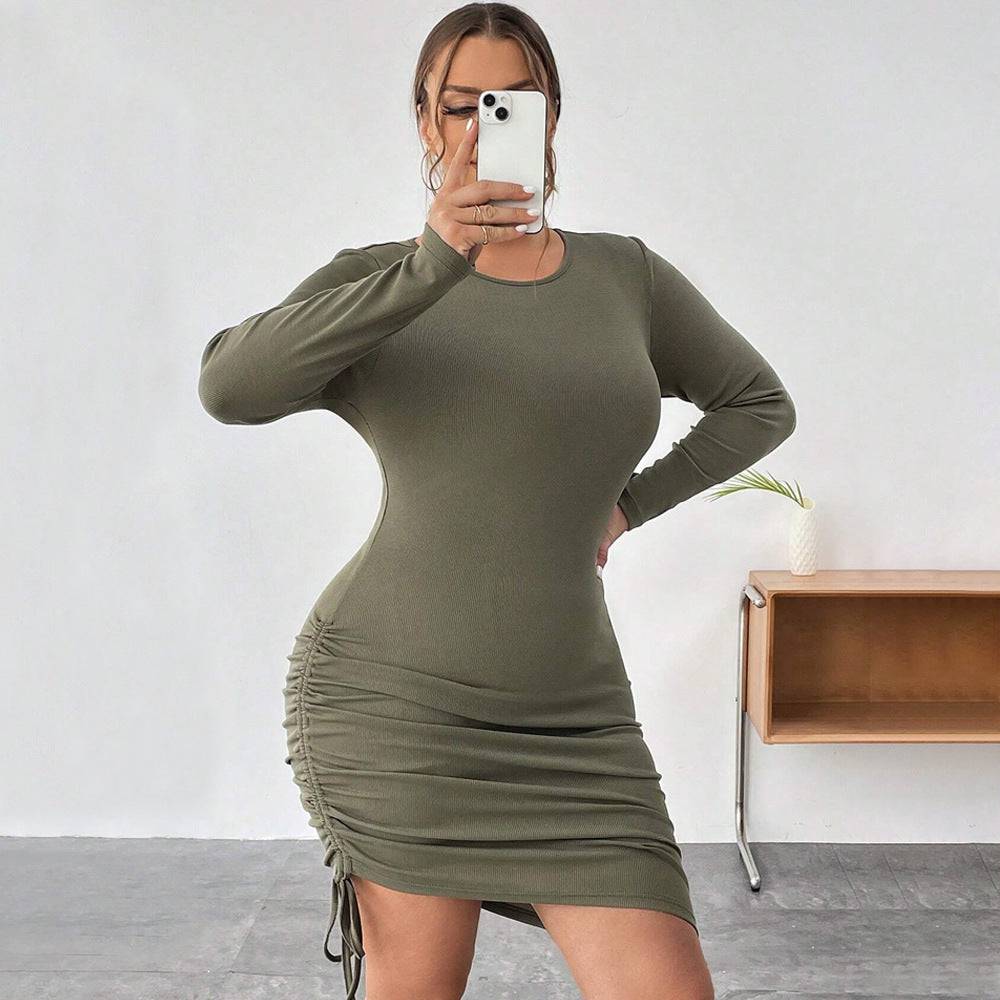 Elegant Irregular Asymmetric Drawstring Dress with Slim Fit Long Sleeves 1XL Army Green