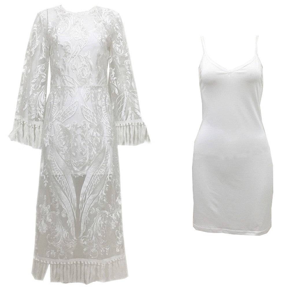Elegant Lace Embroidered V-Neck Maxi Dress for Formal Occasions S Two-Piece Set
