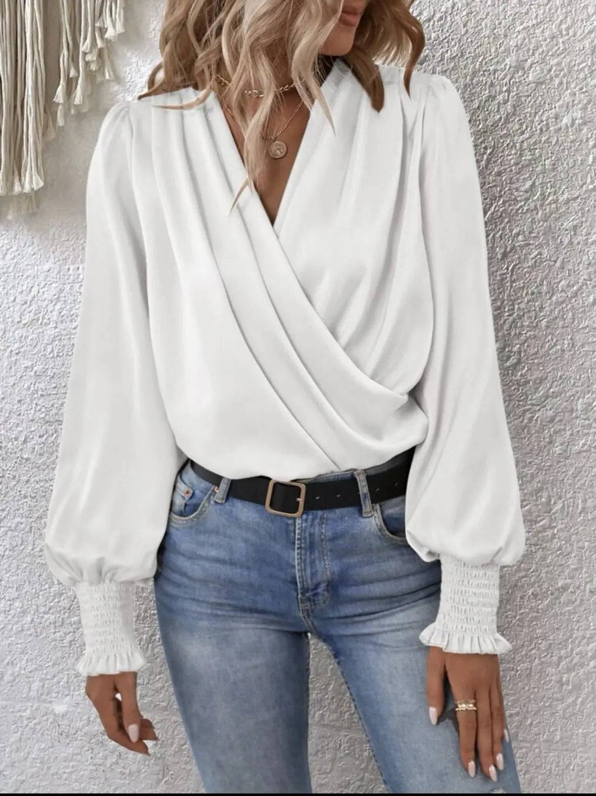 Elegant V-Neck Smocking Lantern Sleeve Office Blouse S White