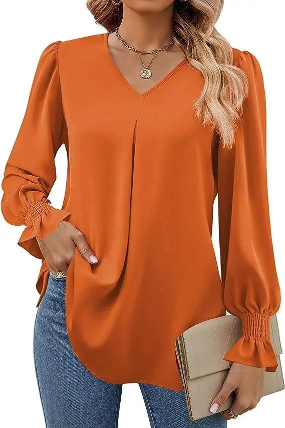 Elegant Loose Fit Chiffon V-Neck Ruffle Top with Lantern Sleeves S Orange
