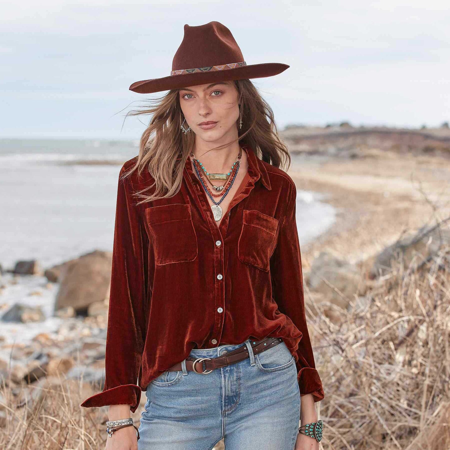 Velvet Long Sleeve Loose Fit Shirt for Women S Red