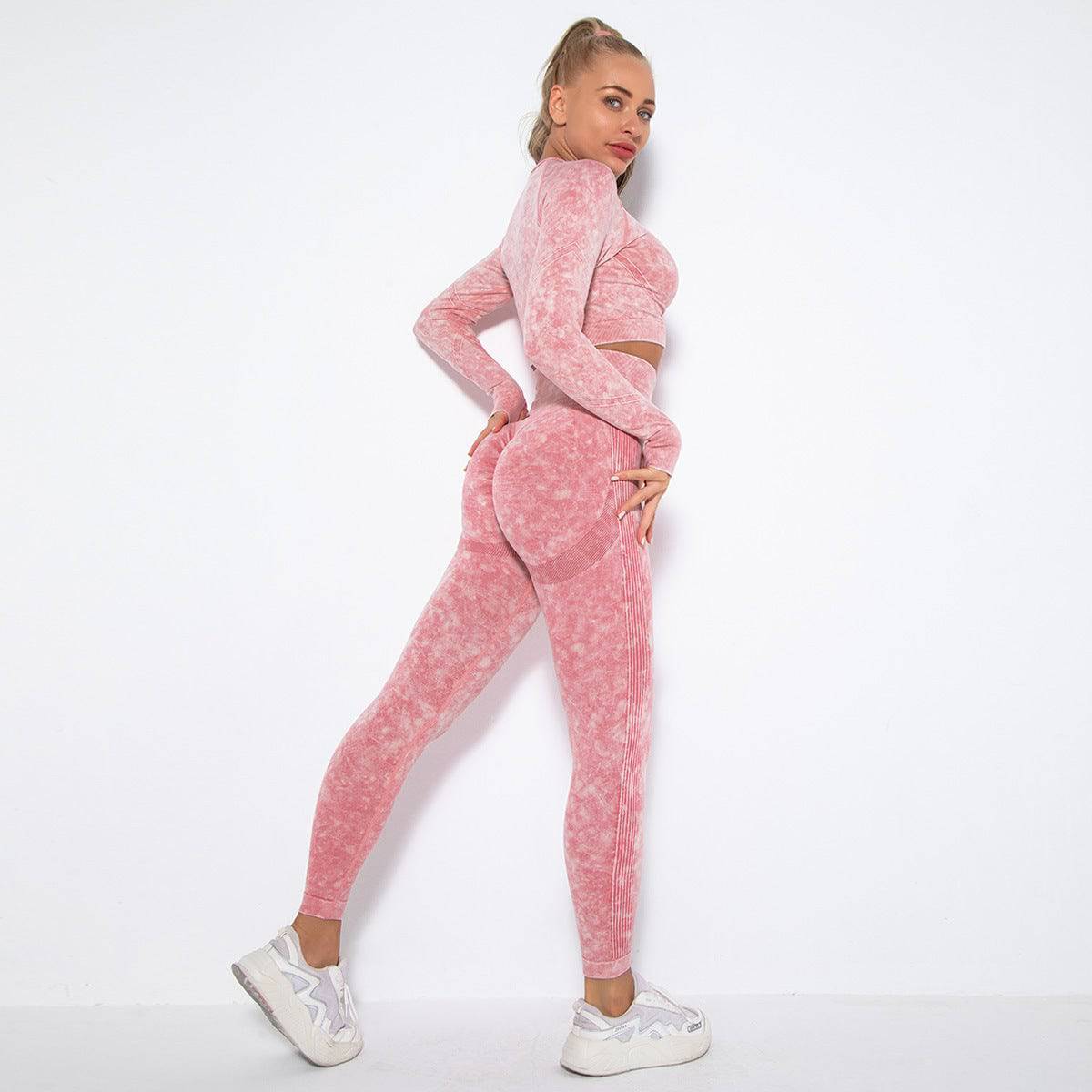 Internet Celebrity Seamless Washed Smile Yoga Suit Outdoor Sports Workout Sexy Hip Yoga Pants S Long Sleeve Trousers Suit-Washed Watermelon Red