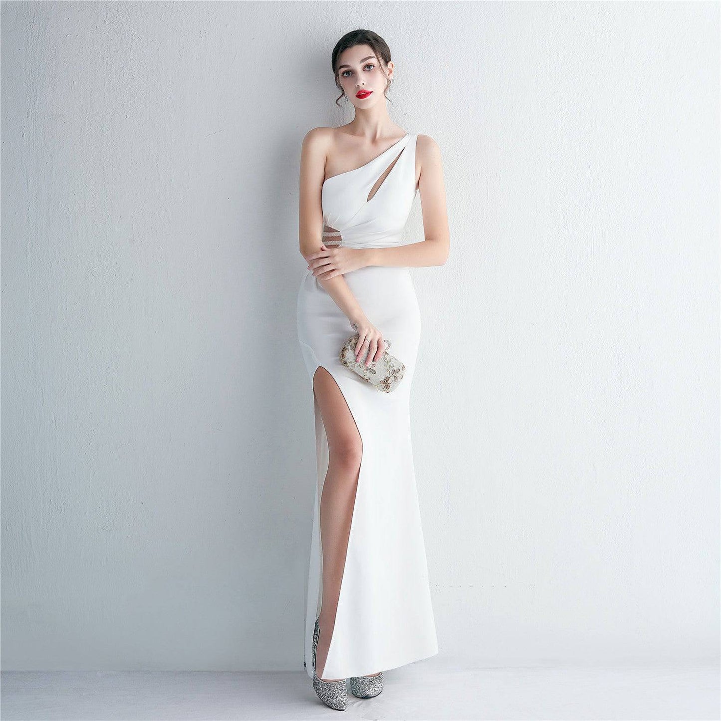 One Shoulder Fishtail Maxi Dress S White