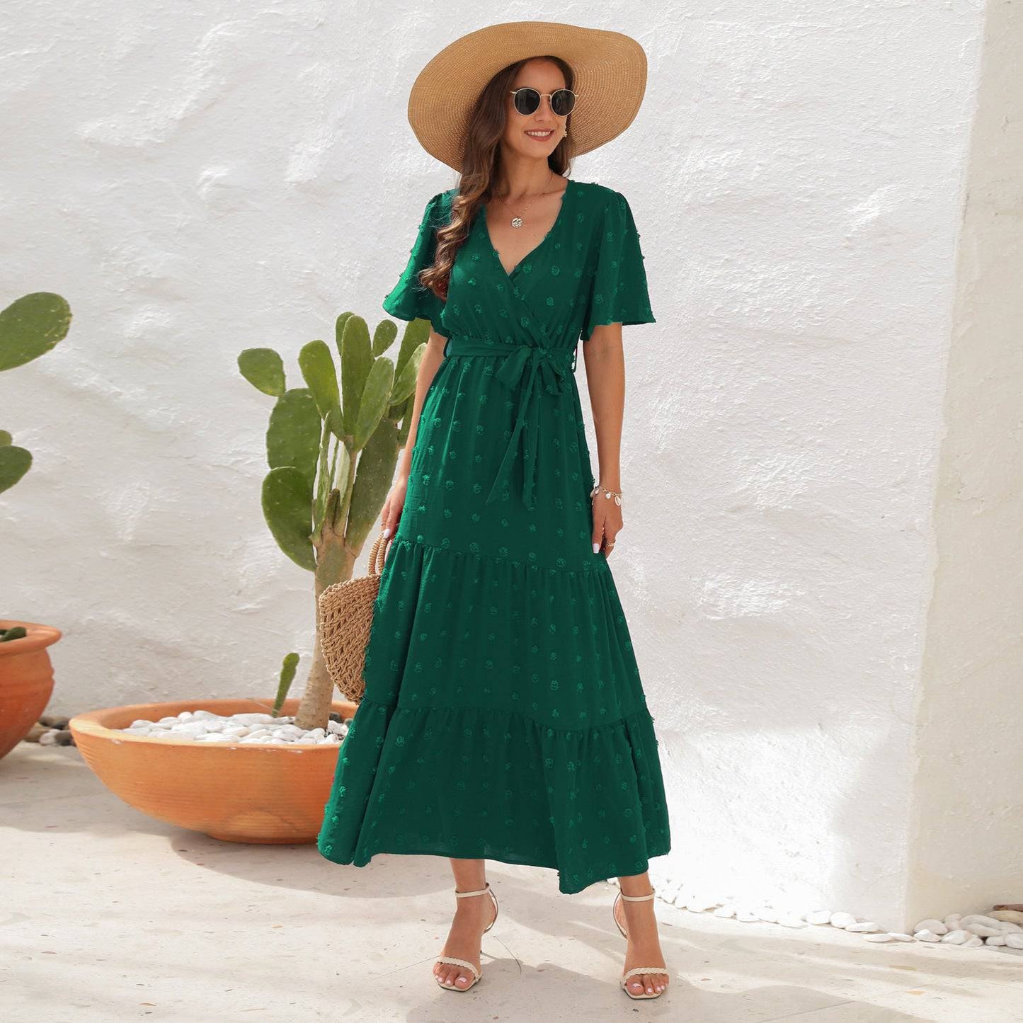 V-Neck Maxi Dress with Belted Waist and Butterfly Sleeves - Perfect for Summer Vacation S Green