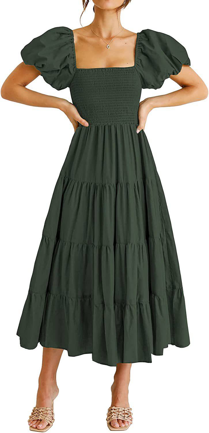 Square Neckline Backless Puff Sleeve Summer Maxi Dress S Army Green