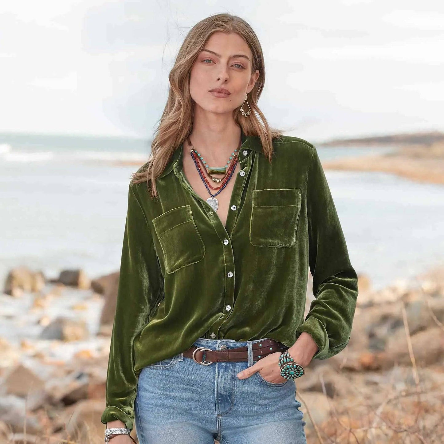 Velvet Long Sleeve Loose Fit Shirt for Women S Army Green