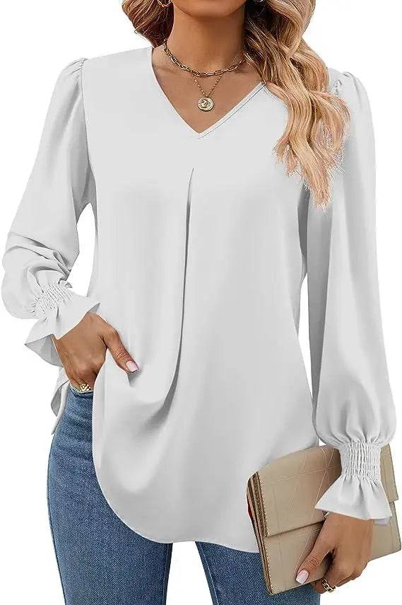 Elegant Loose Fit Chiffon V-Neck Ruffle Top with Lantern Sleeves S White