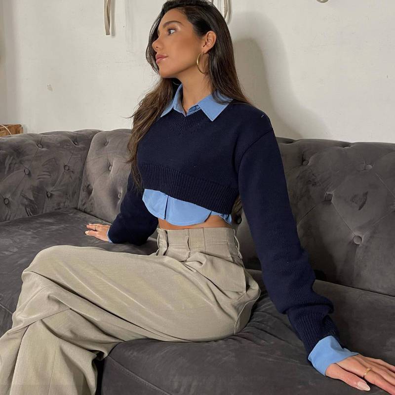 Sexy V-Neck Cropped Long Sleeve Top in Ultra Short Knitted Bandage Dress Style S Navy Blue