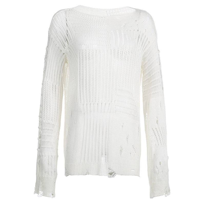 Stylish Vintage Loose Fit Cutout Top with Lazy Long Sleeves S White
