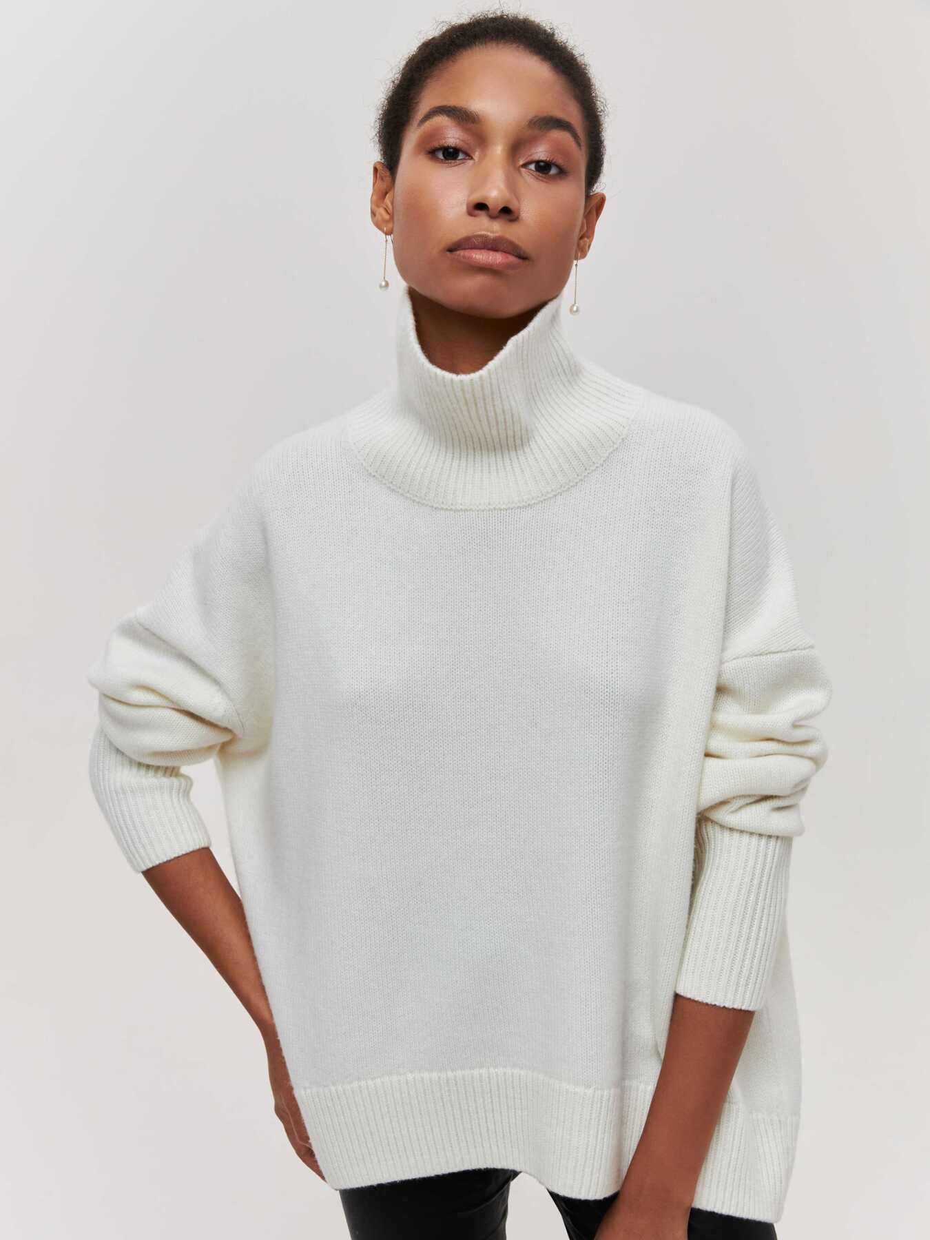 Popular Half Turtleneck Loose Women's Sweater for Autumn and Winter S White