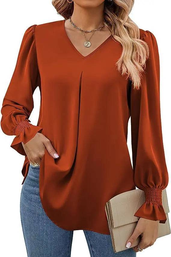 Elegant Loose Fit Chiffon V-Neck Ruffle Top with Lantern Sleeves S Brown