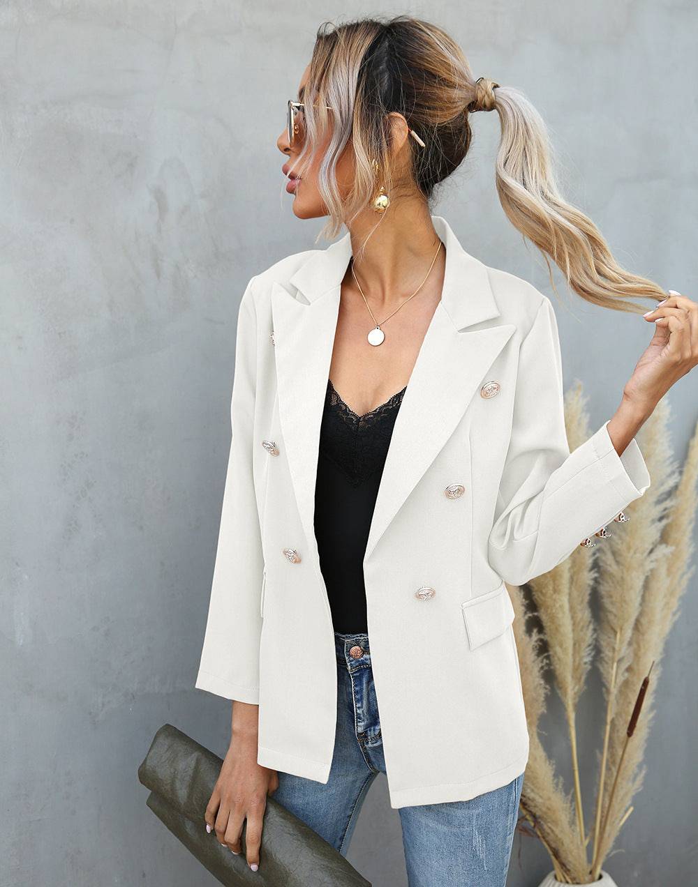 Spring/Autumn Women's Collared Button-Up Polyester Blazer S White