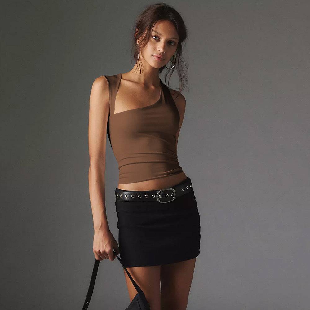 Summer One-Shoulder Backless Top for Women XS Coffee