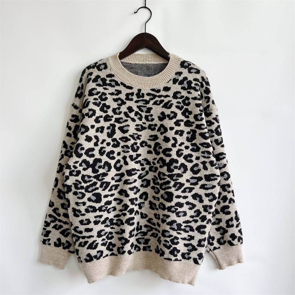 Leopard Print Sweater for Stylish Fall and Winter Casual Outfits S Khaki Gray