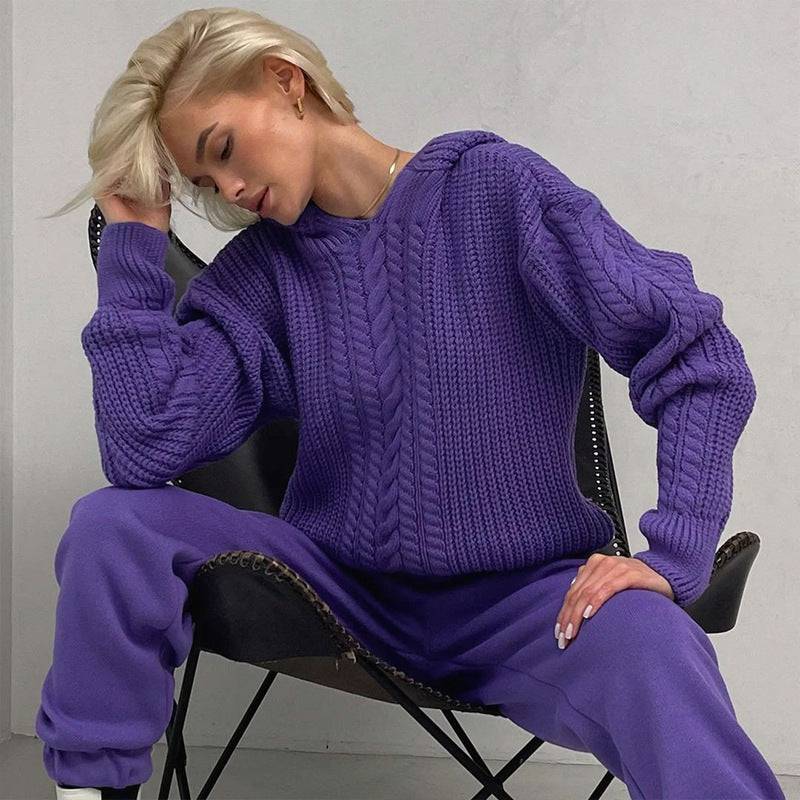 Hooded Loose Fit Knitted Sweater for Women S Purple