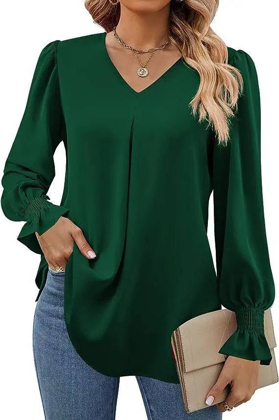 Elegant Loose Fit Chiffon V-Neck Ruffle Top with Lantern Sleeves S Green