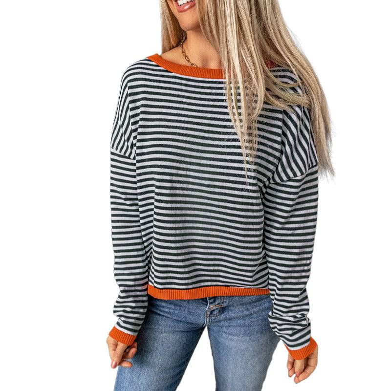 Stylish Off-Shoulder Sweater with Contrast Color Trim and Striped Pattern S Stripes