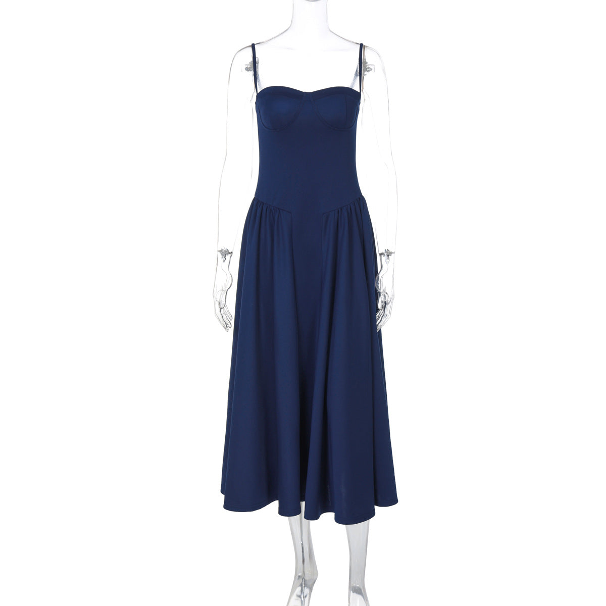Navy Blue Autumn Winter Slim Backless Sling Dress