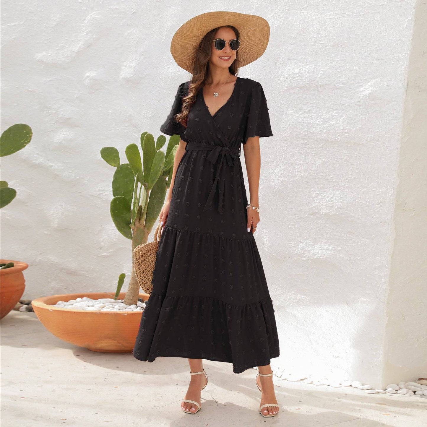 V-Neck Maxi Dress with Belted Waist and Butterfly Sleeves - Perfect for Summer Vacation S Black