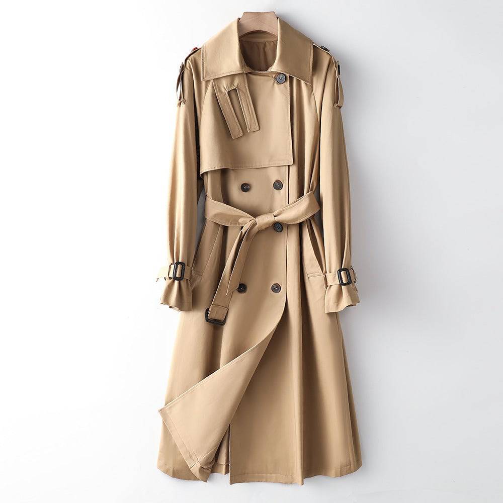 Elegant Korean Autumn Winter Trench Coat with Waist Slimming Effect XS Khaki