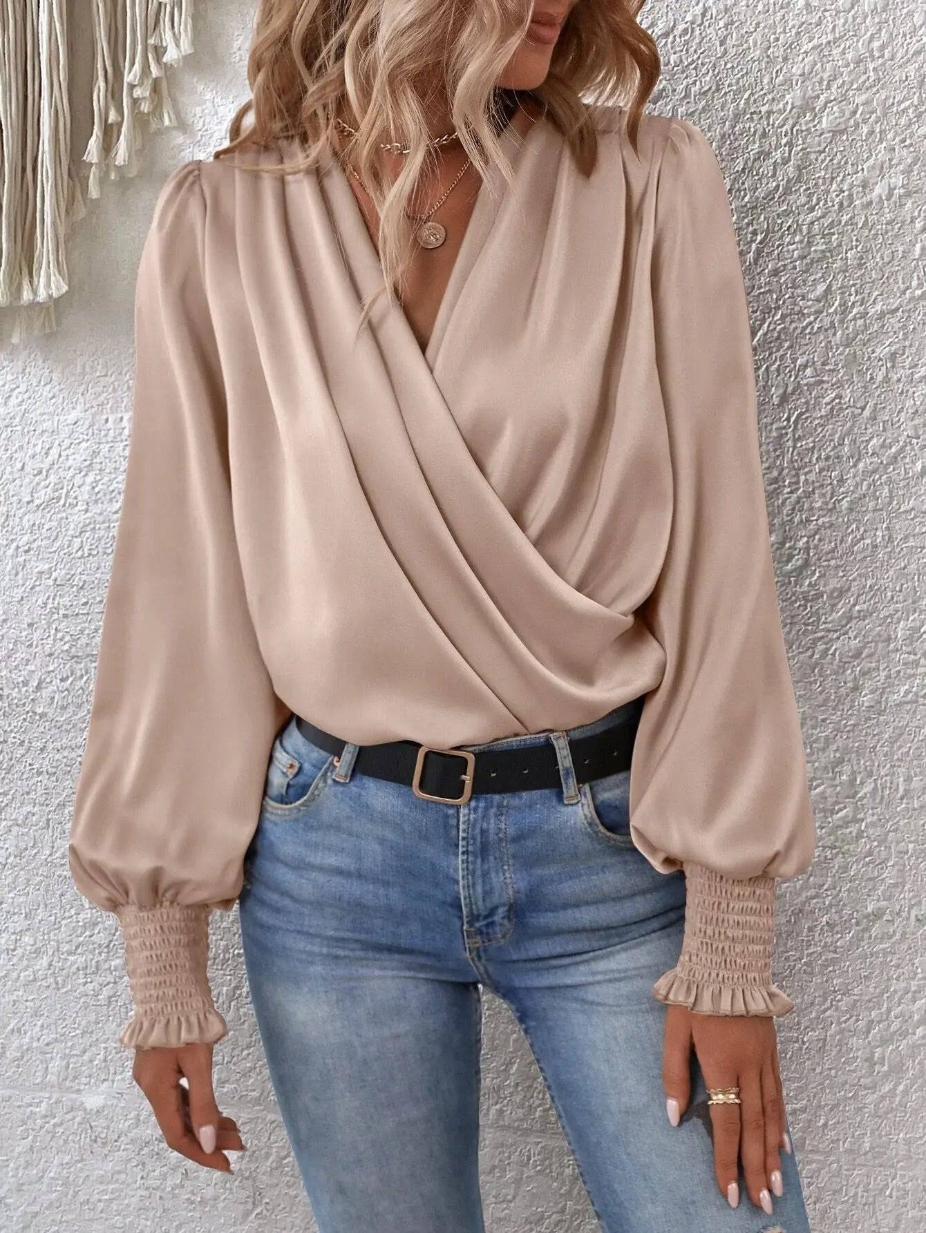 Elegant V-Neck Smocking Lantern Sleeve Office Blouse S Apricot