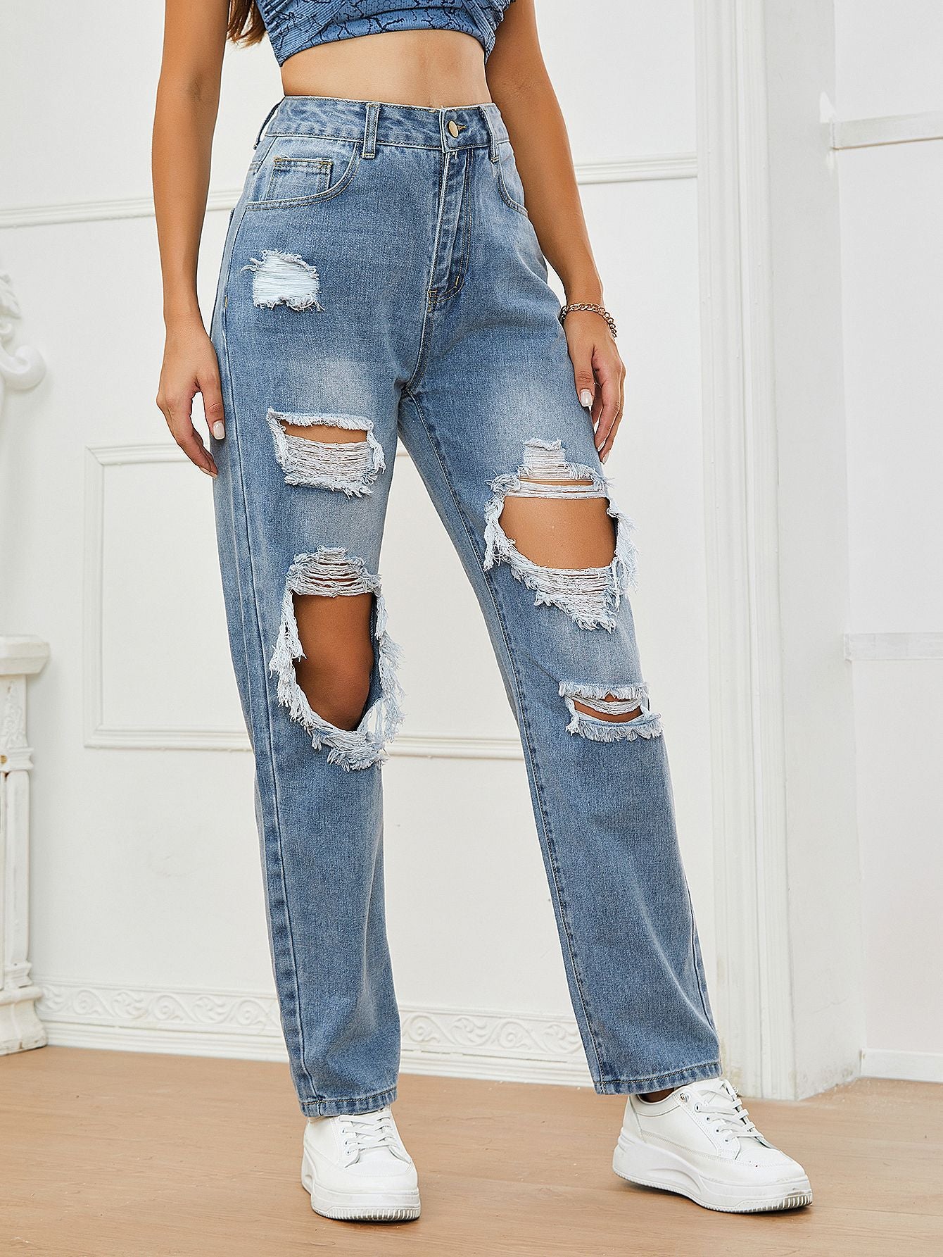 Light Blue Ripped High Waist Casual Jeans