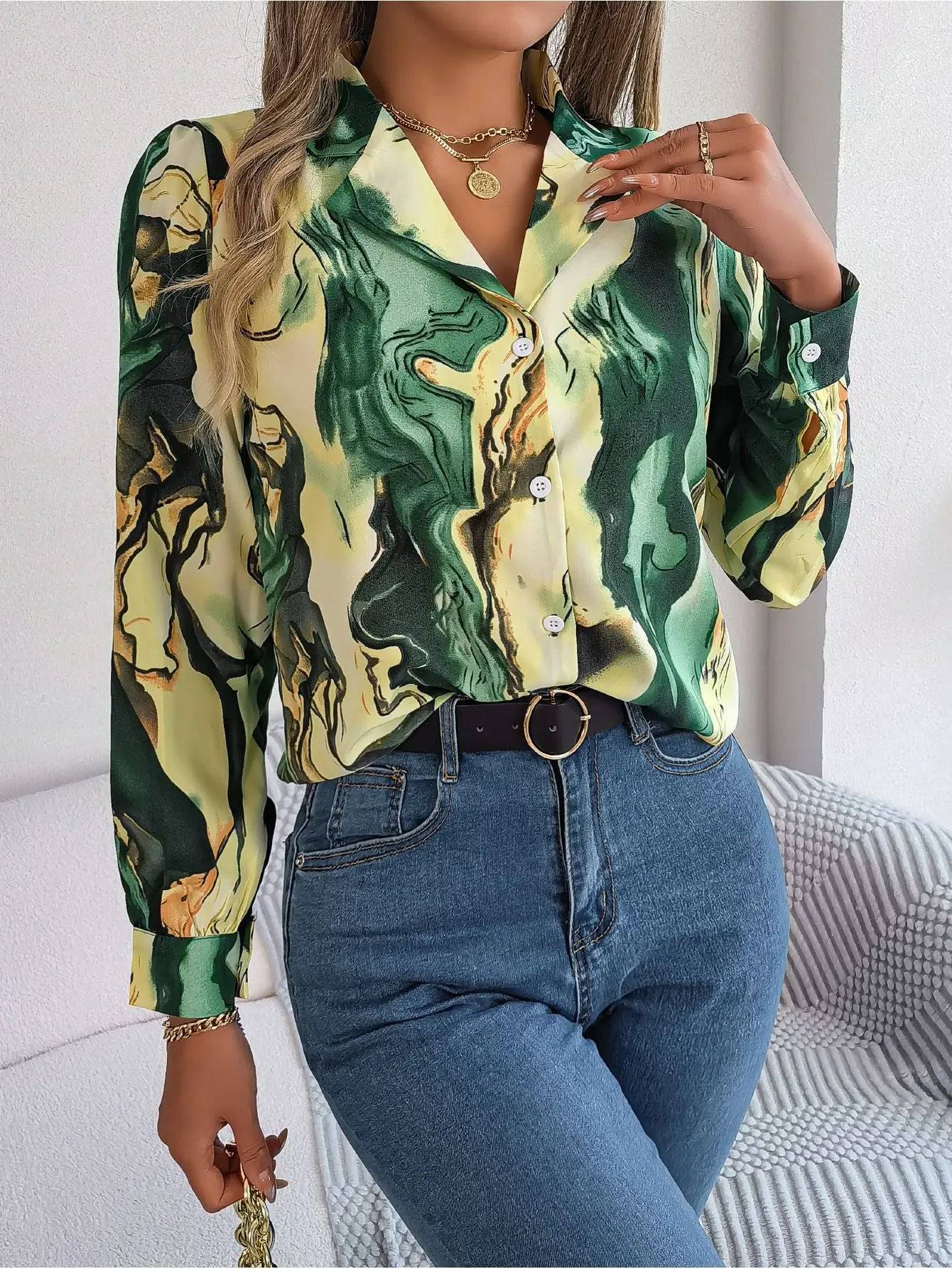 Casual Striped Collar Long Sleeve Shirt for Women S Green