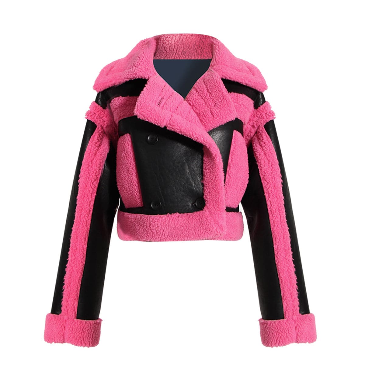 Stylish Pink Faux Fur Motorcycle Jacket with Big Collar S Coral Red