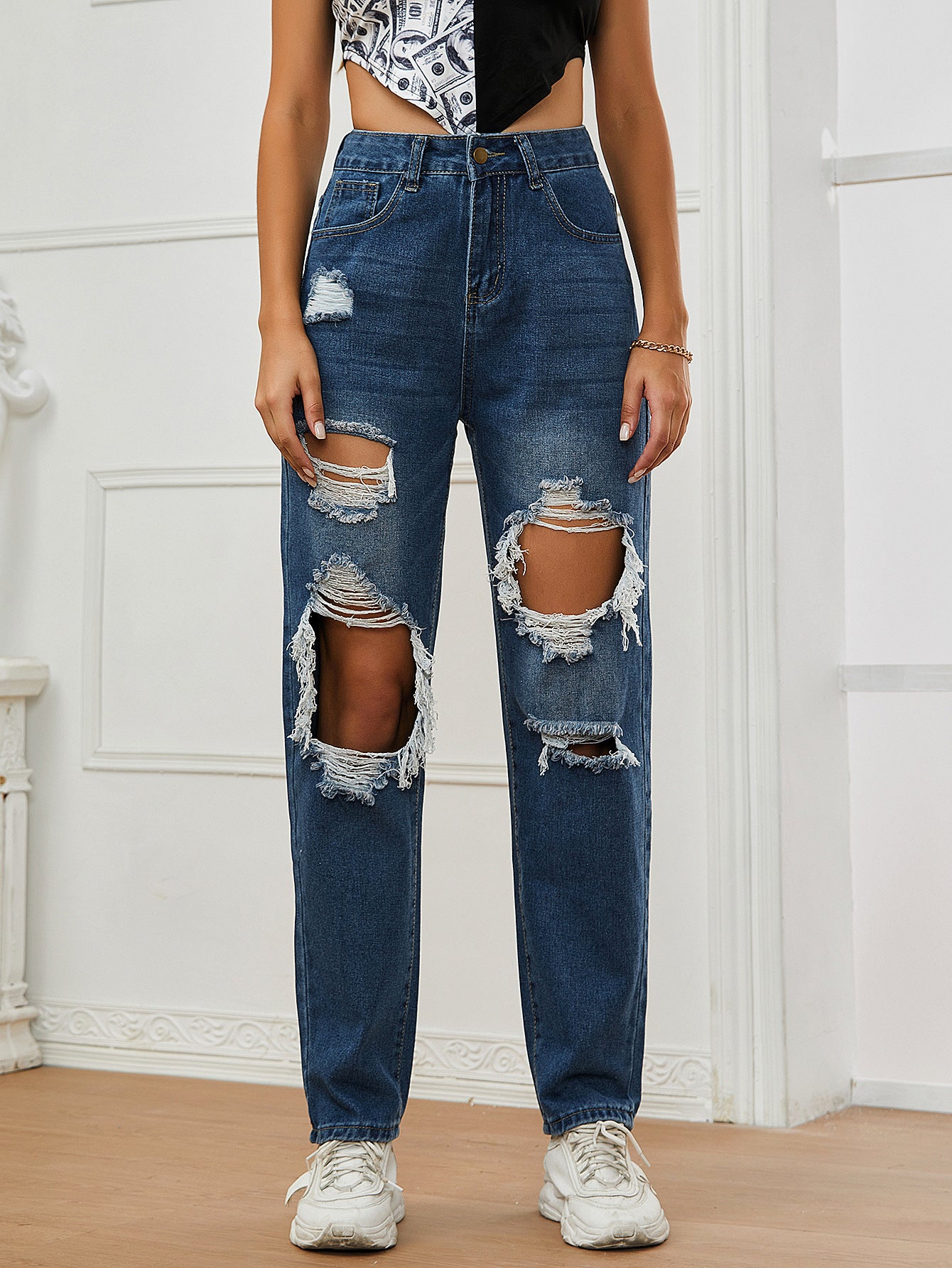 Ripped High Waist Casual Jeans