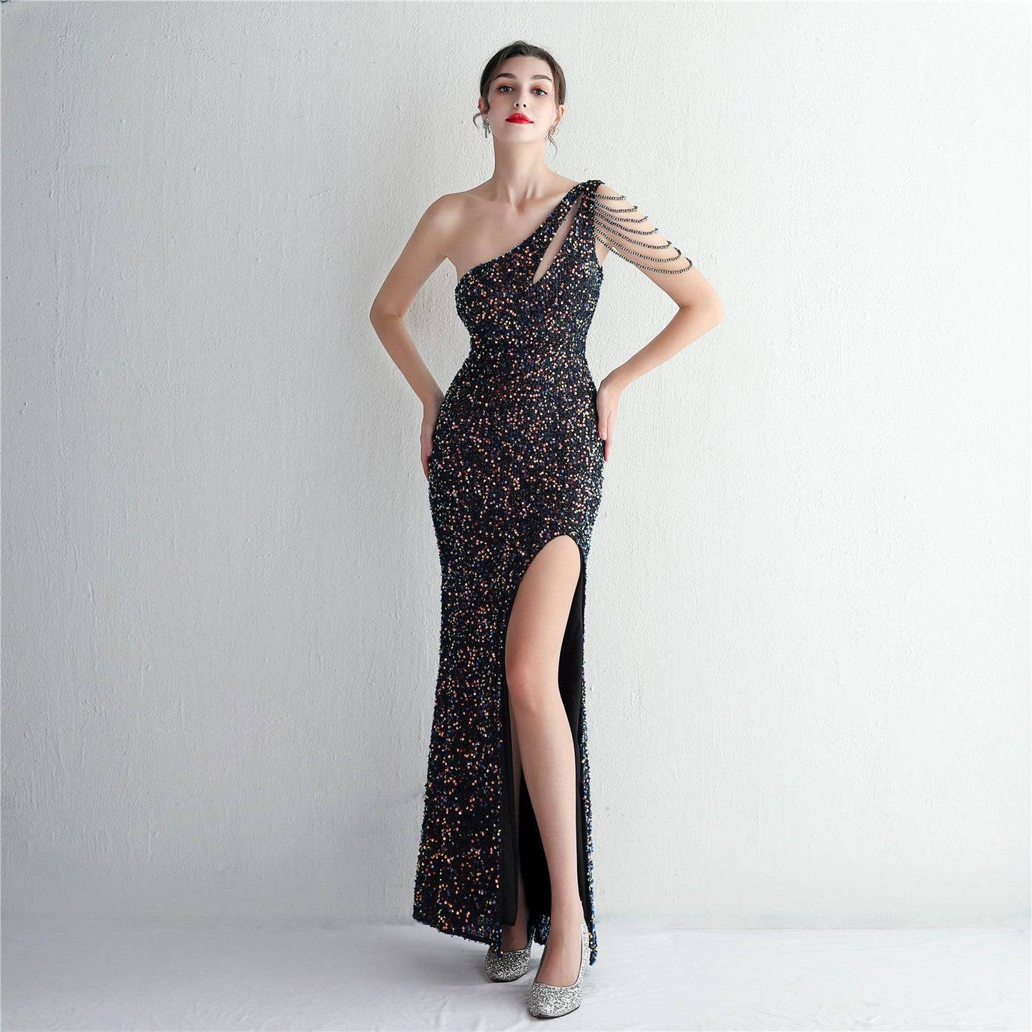 Imitation Handmade Sequin Craft Beaded Shoulder Appreciation Dinner Slim Fit Fishtail Wedding Car Model Exhibition Socialite S Symphony black