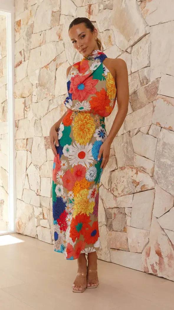 Floral Print Sleeveless Maxi Dress for Vacation and Boho Style S Orange Dress