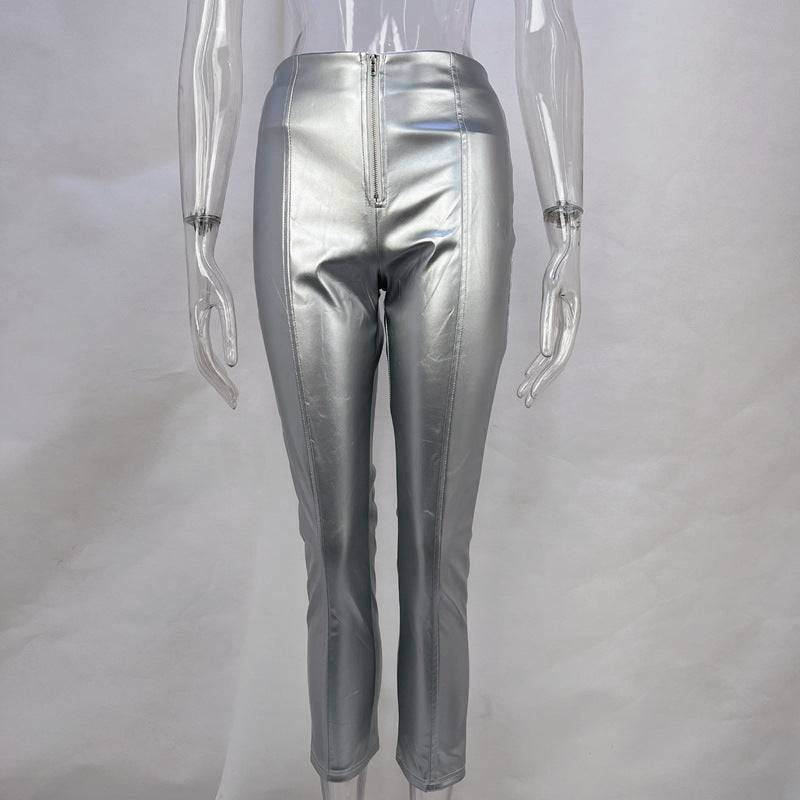 High Waist Hip-Lifting Faux Leather Skinny Pants for Women S Silver
