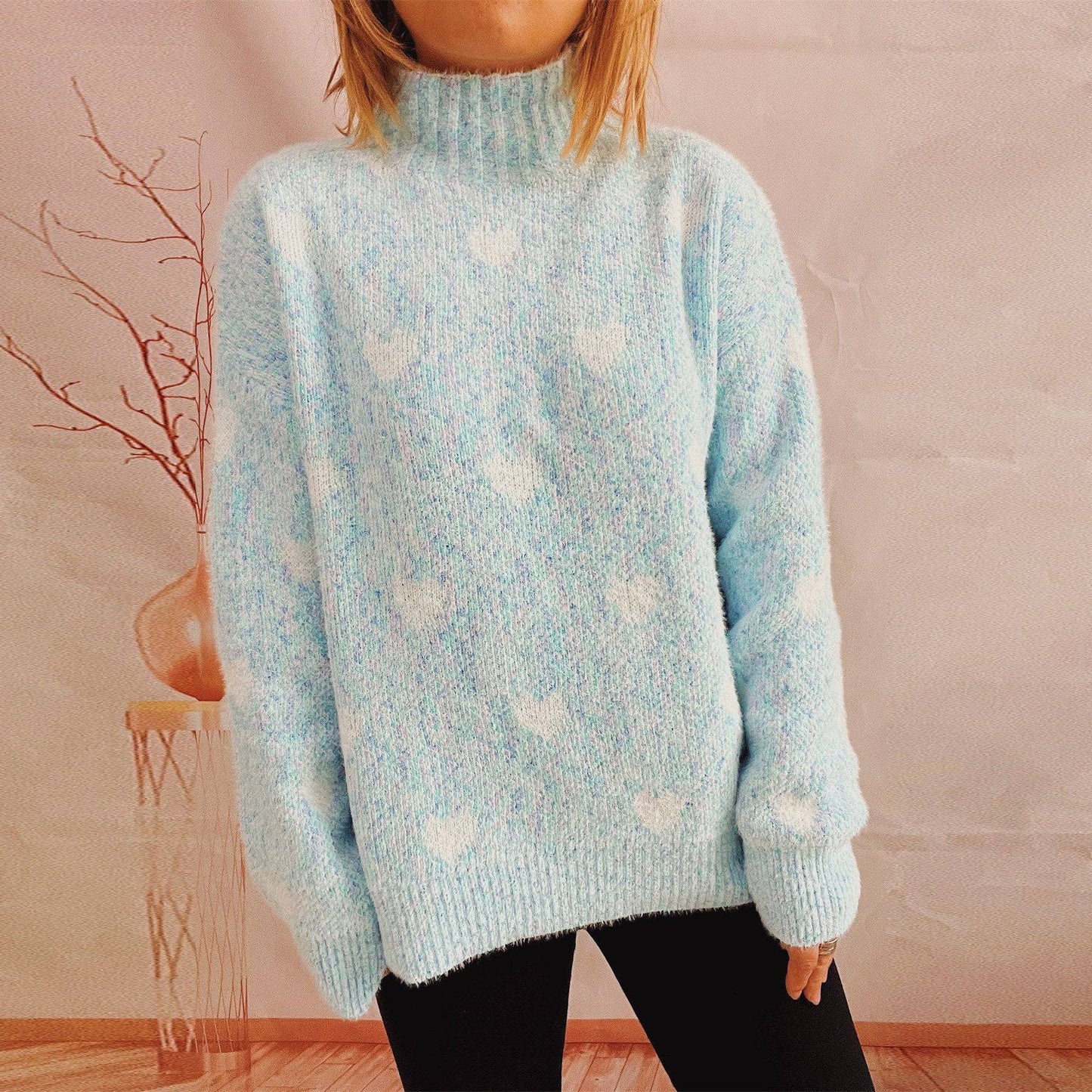 Lovely Heart Jacquard Knit Pullover for Autumn/Winter S Light Blue
