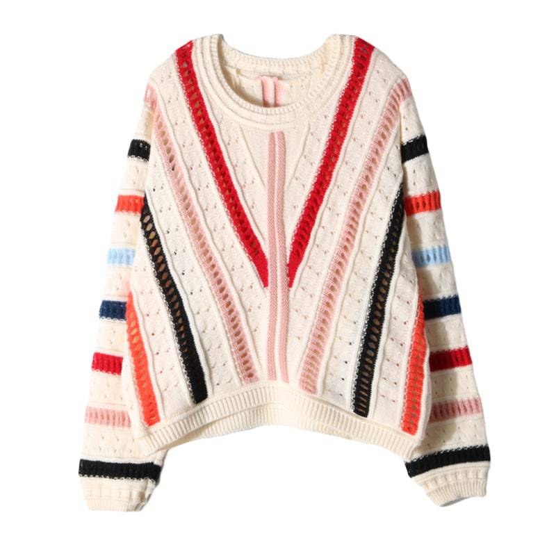 Hollow Out Diagonal Striped Batwing Sleeve Short Sweater for Women with Loose Fit S Multi