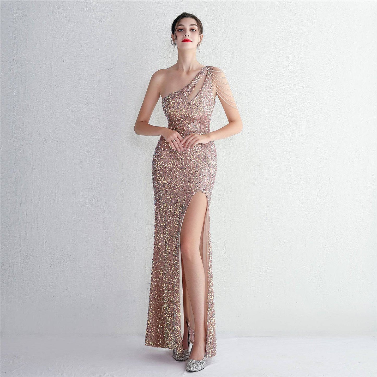 Imitation Handmade Sequin Craft Beaded Shoulder Appreciation Dinner Slim Fit Fishtail Wedding Car Model Exhibition Socialite S Gold