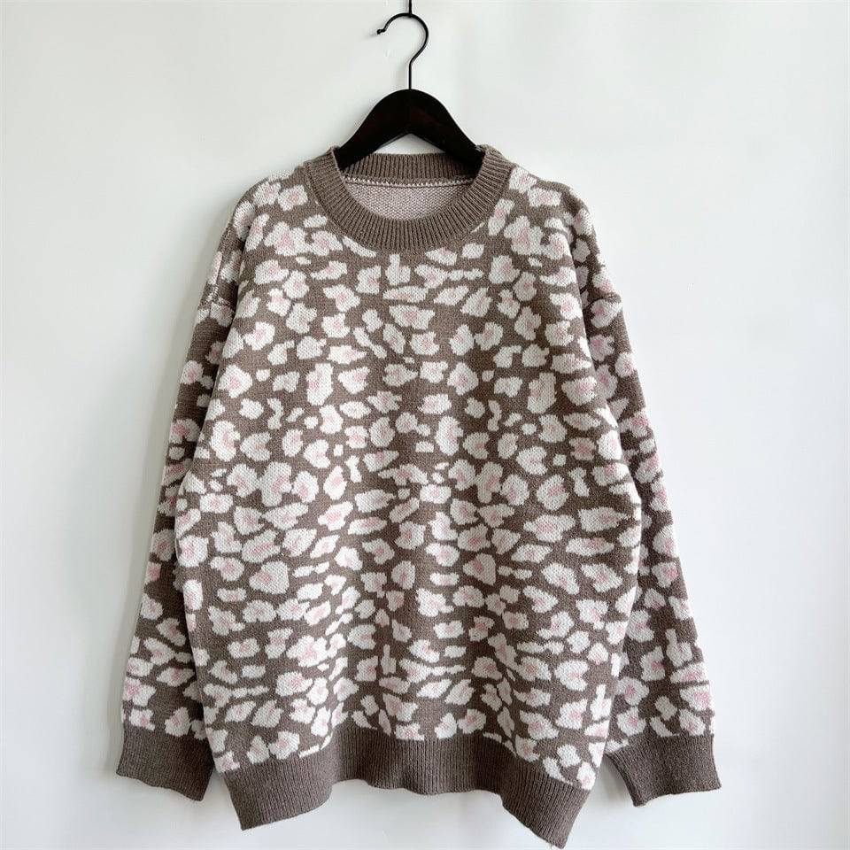 Leopard Print Sweater for Stylish Fall and Winter Casual Outfits S White Powder