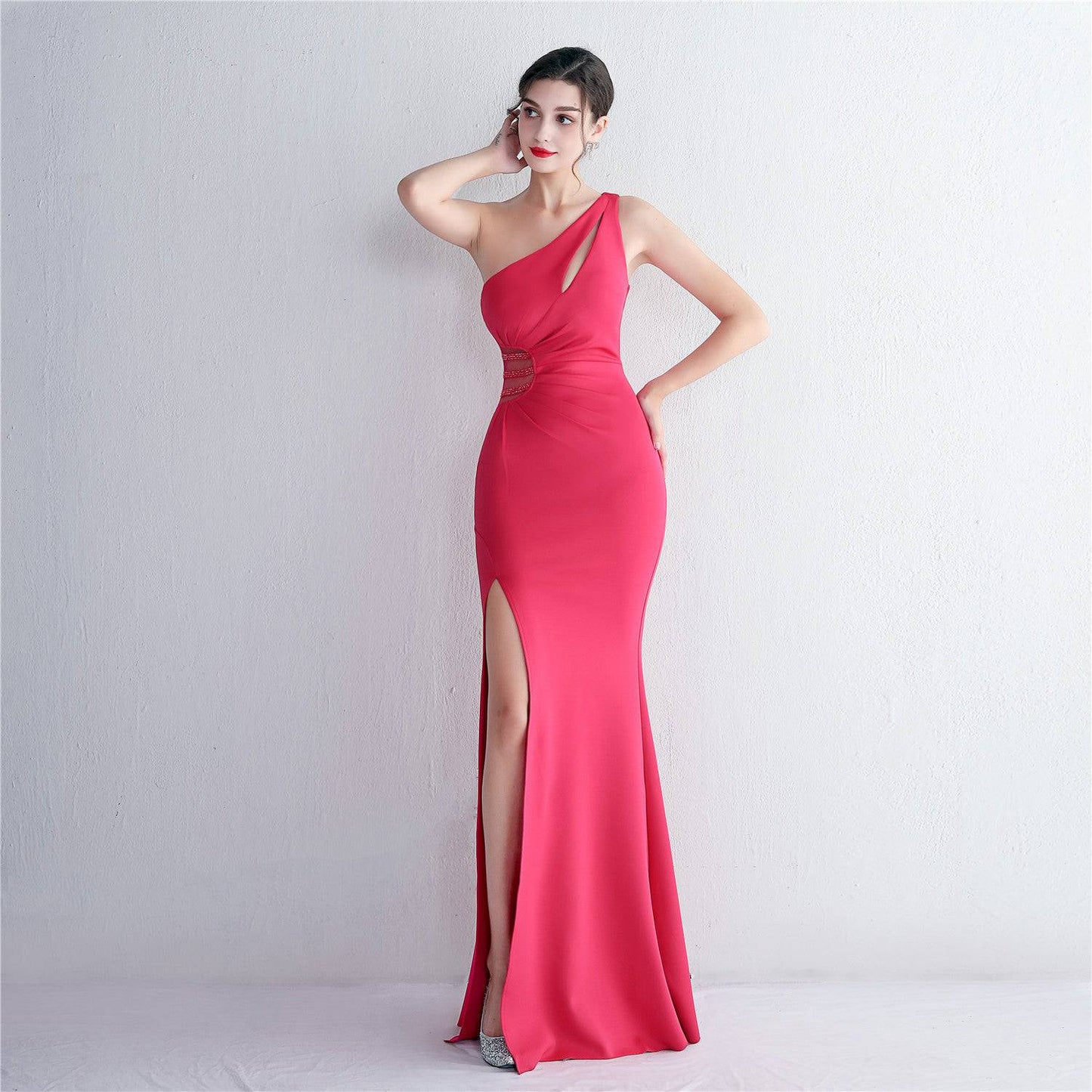 One Shoulder Fishtail Maxi Dress S Plum Red