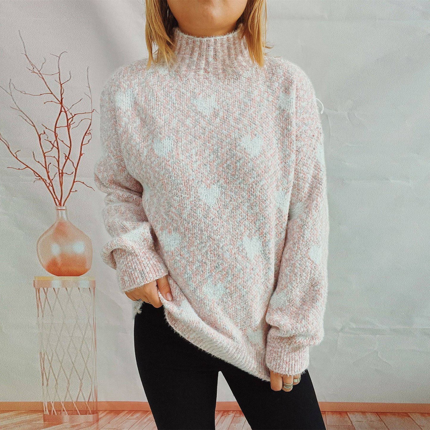Lovely Heart Jacquard Knit Pullover for Autumn/Winter S Pink