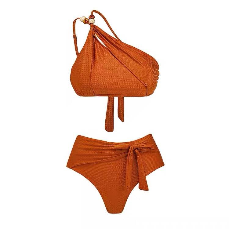 Flattering High Waist Push-Up Bikini Swimsuit with Chiffon Dress S Brown Swimsuit
