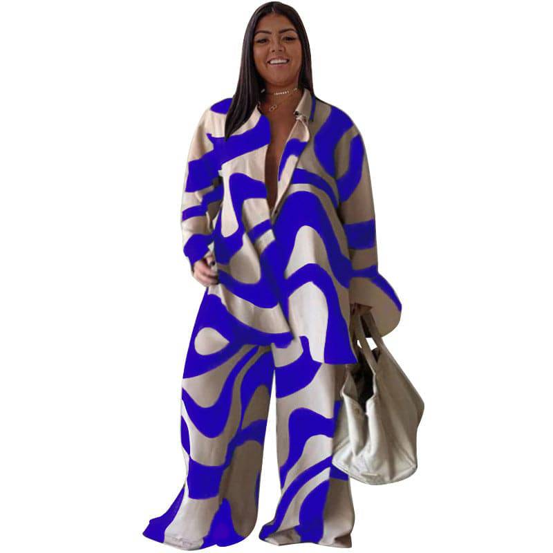 Floral Print Plus Size Suit with Loose-Fit Shirt and Straight Leg Trousers for Women 0XL Blue