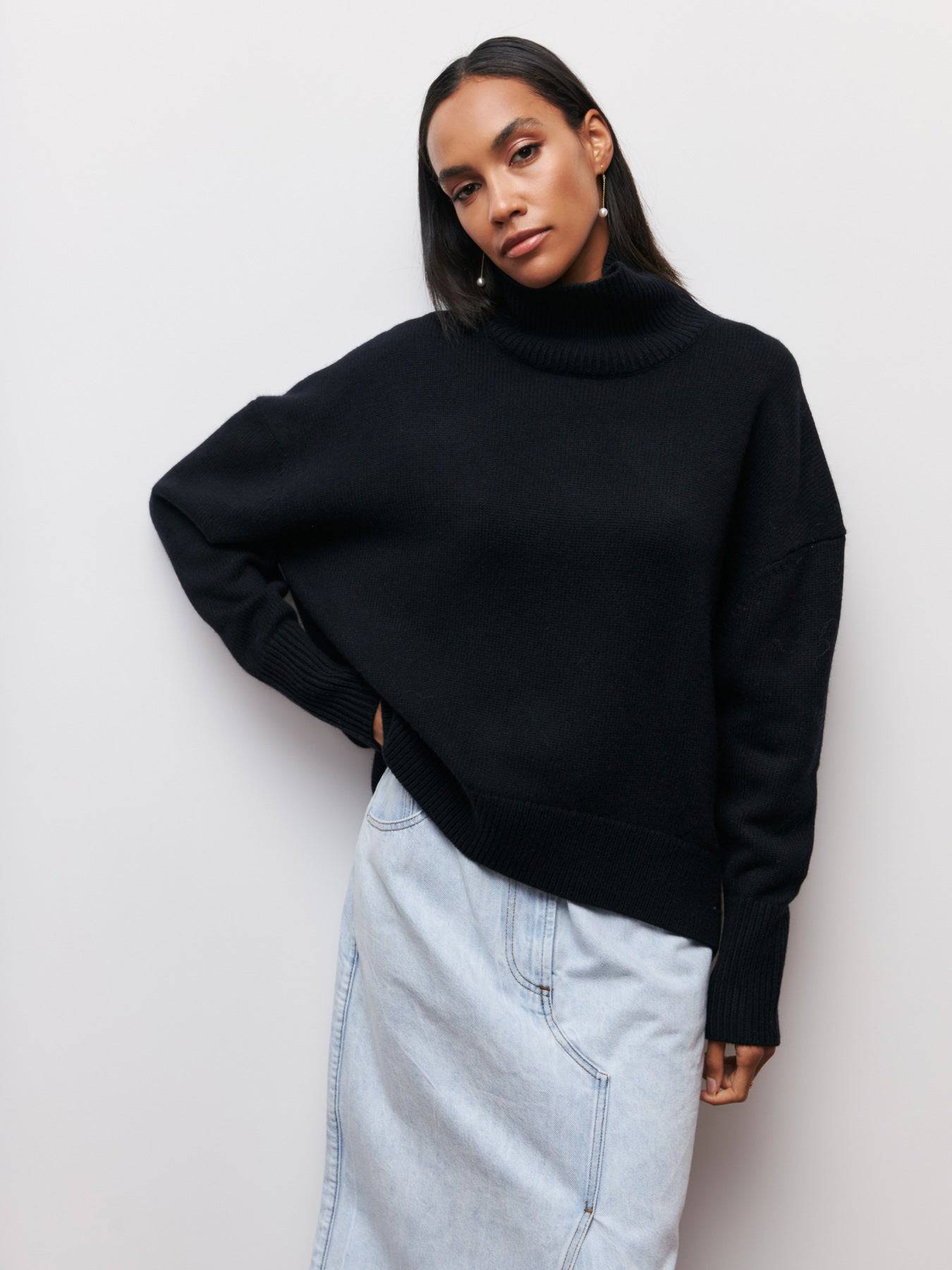 Popular Half Turtleneck Loose Women's Sweater for Autumn and Winter S Black