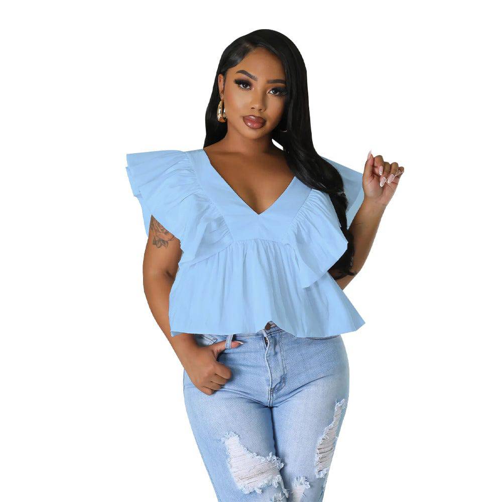 Elegant V-Neck Backless Lace-Up Flutter Sleeve Top S Light Blue