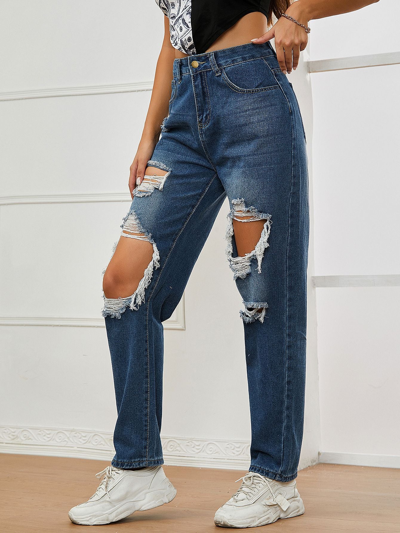 Navy Blue Ripped High Waist Jeans
