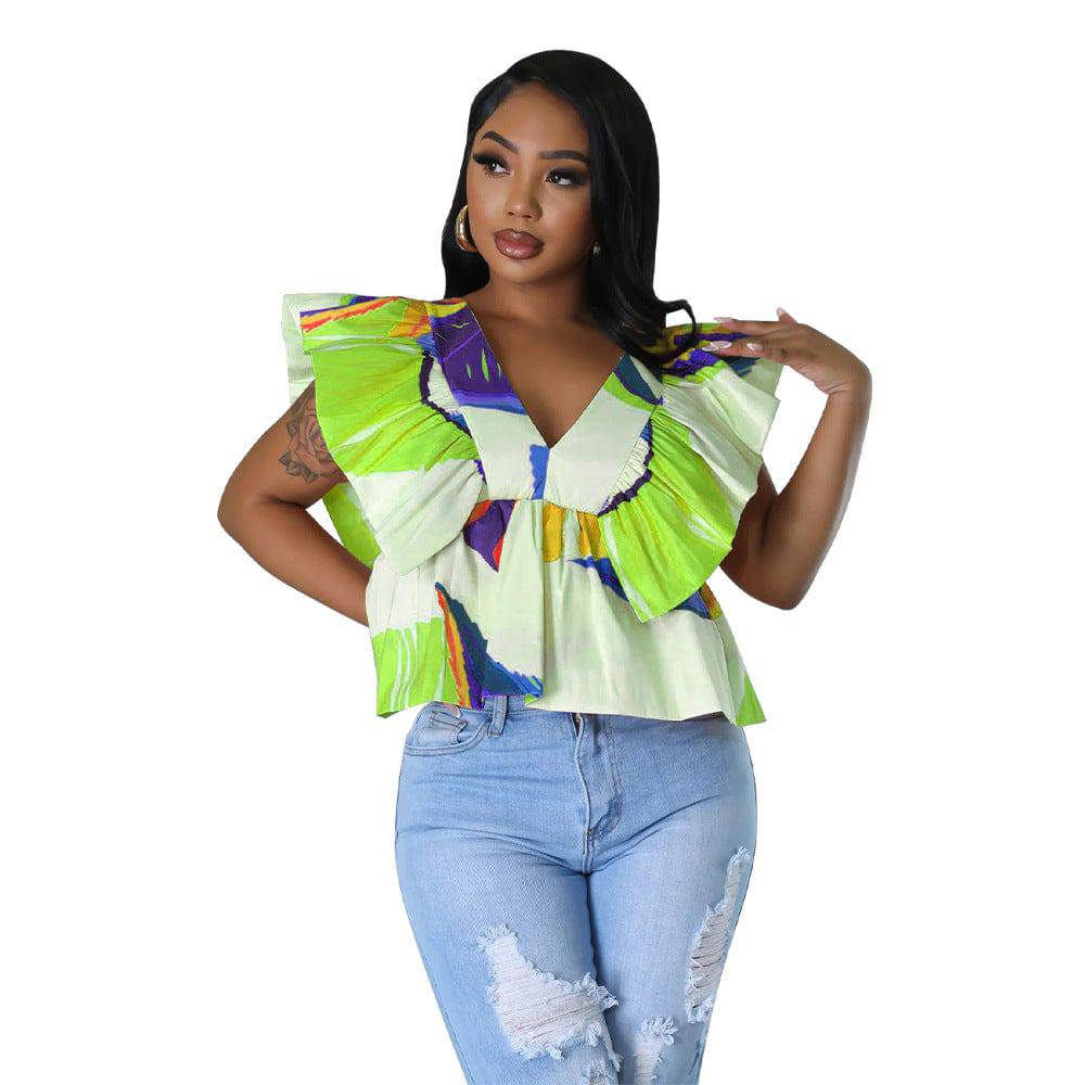 Elegant V-Neck Backless Lace-Up Flutter Sleeve Top S Green