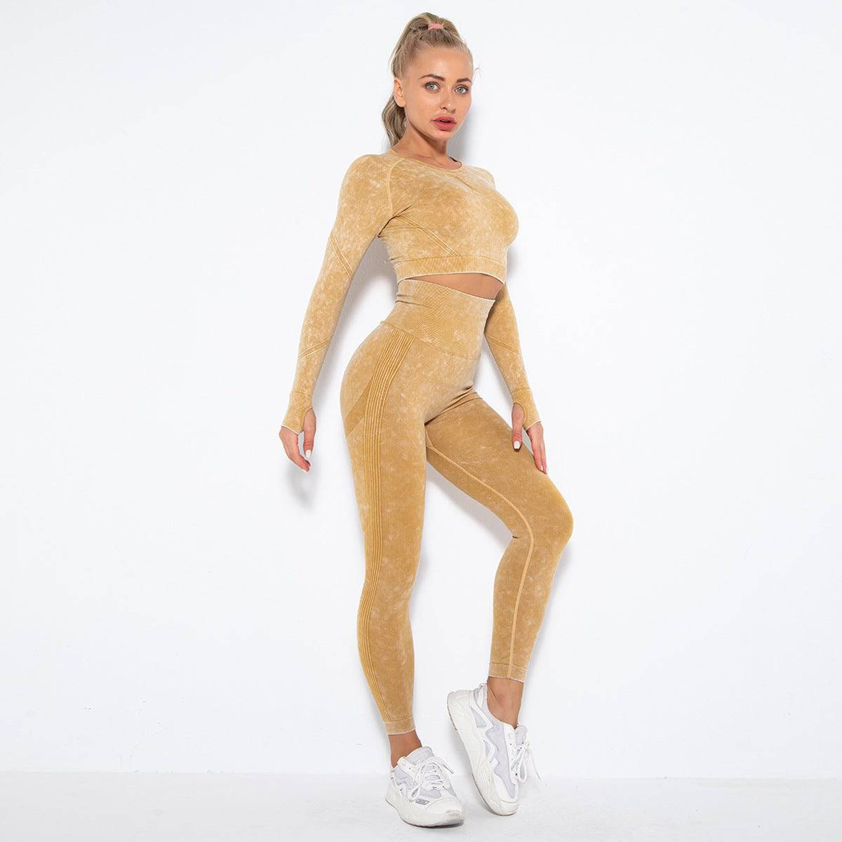 Internet Celebrity Seamless Washed Smile Yoga Suit Outdoor Sports Workout Sexy Hip Yoga Pants S Long Sleeve Trousers Suit-Washed Yellow