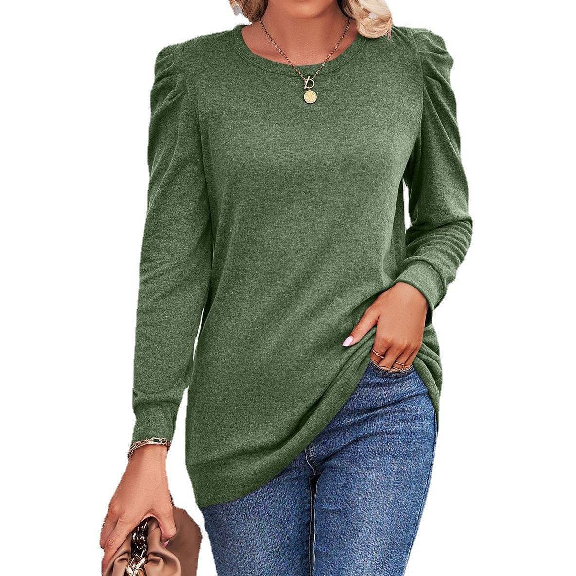 Pleated Solid Color Long Sleeve T-Shirt for Women S Green
