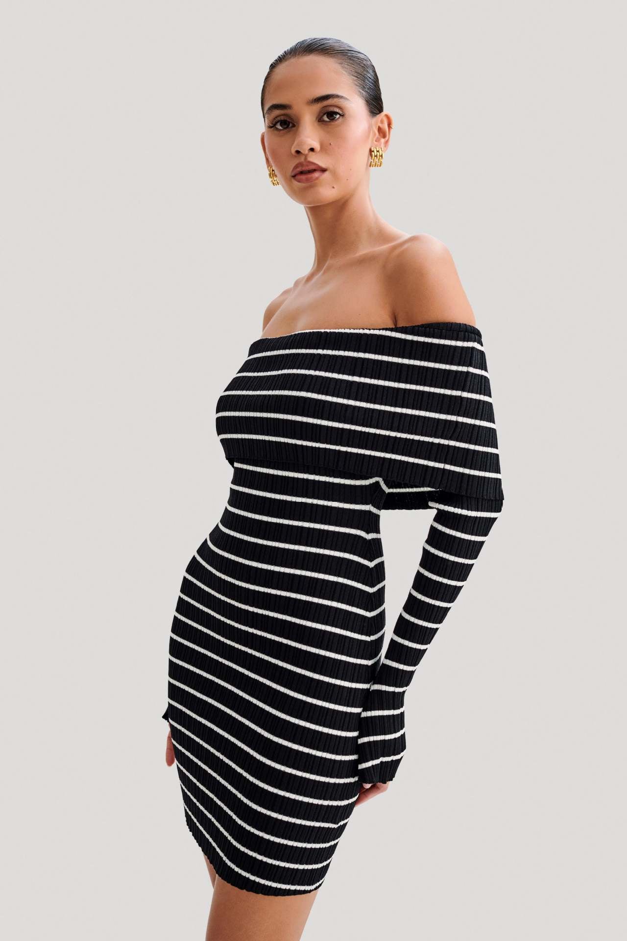Beach Vacation Off Shoulder Striped Long Sleeve Off Shoulder Collar Knit Casual Short Dress Women - Wild Amber Fashion