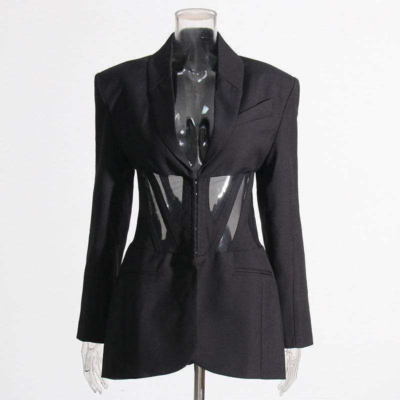 Mesh Stitching Waist Corset Blazer with See-Through Design S Black