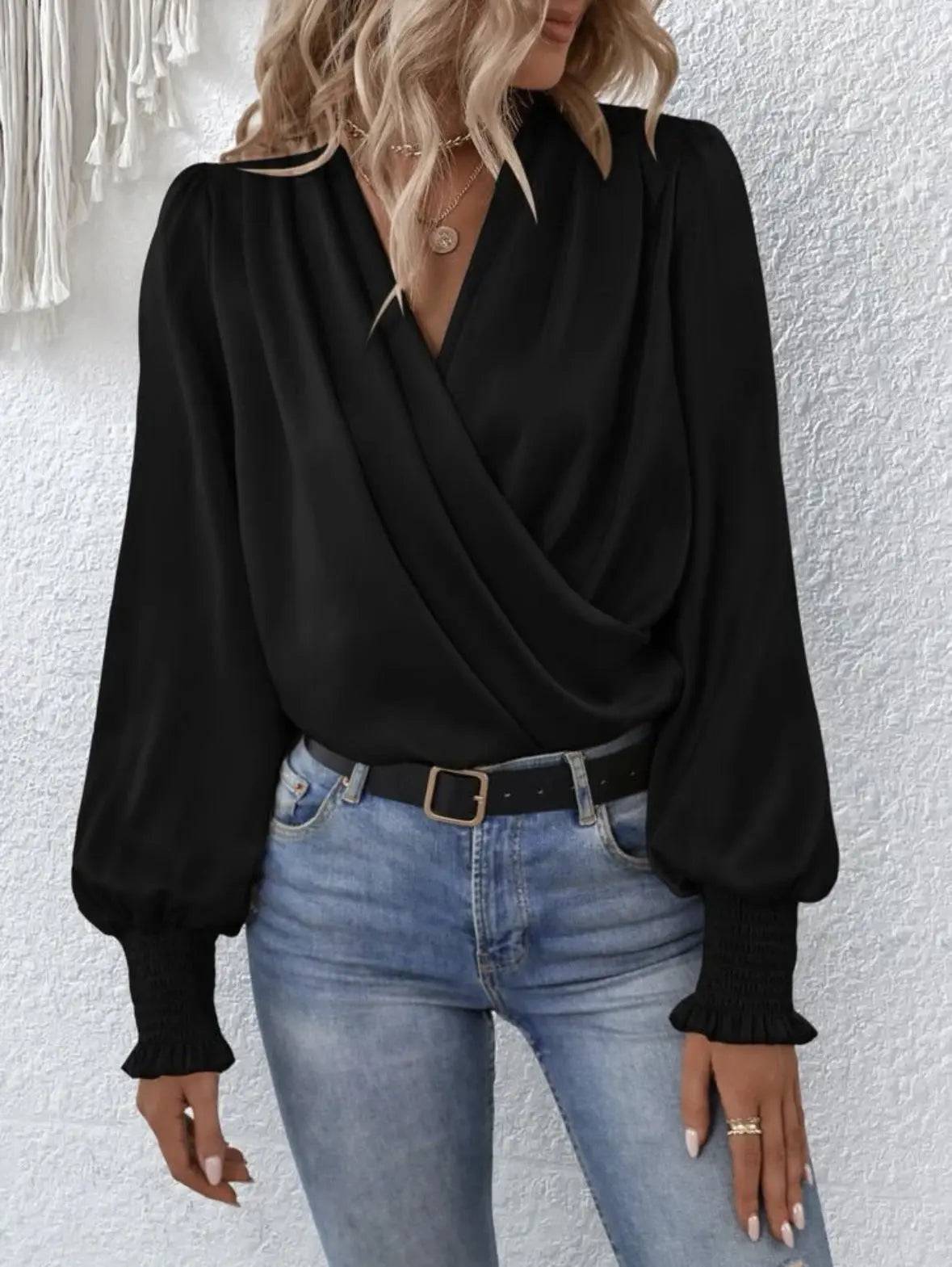 Elegant V-Neck Smocking Lantern Sleeve Office Blouse S Black